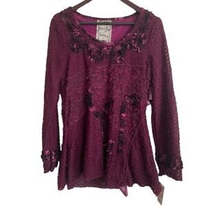 Jack & Jinger Vintage Sweater L Merlot Multi Media Fabric Distressed‎ Whimsigoth